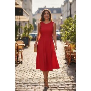 Calvin Klein Red Pintuck Sleeveless Fit and Flare Dress Size 12 Knee Length